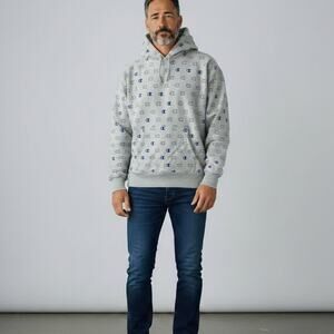 Champion Reverse Weave Pullover Hoodie Men's Sz 2XL Gray Allover Logo Athleisure